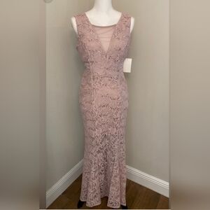 NWT Alexa B Nites Full Length Sequined Lace Dress in Blush Pink